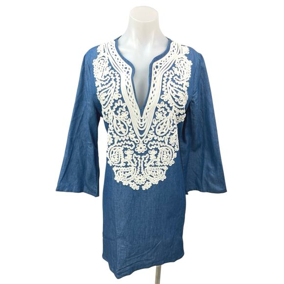 Revolve Endless Rose Blue Lace Embroidered Long Sleeve Kimono Denim Shift Dress - Picture 3 of 7